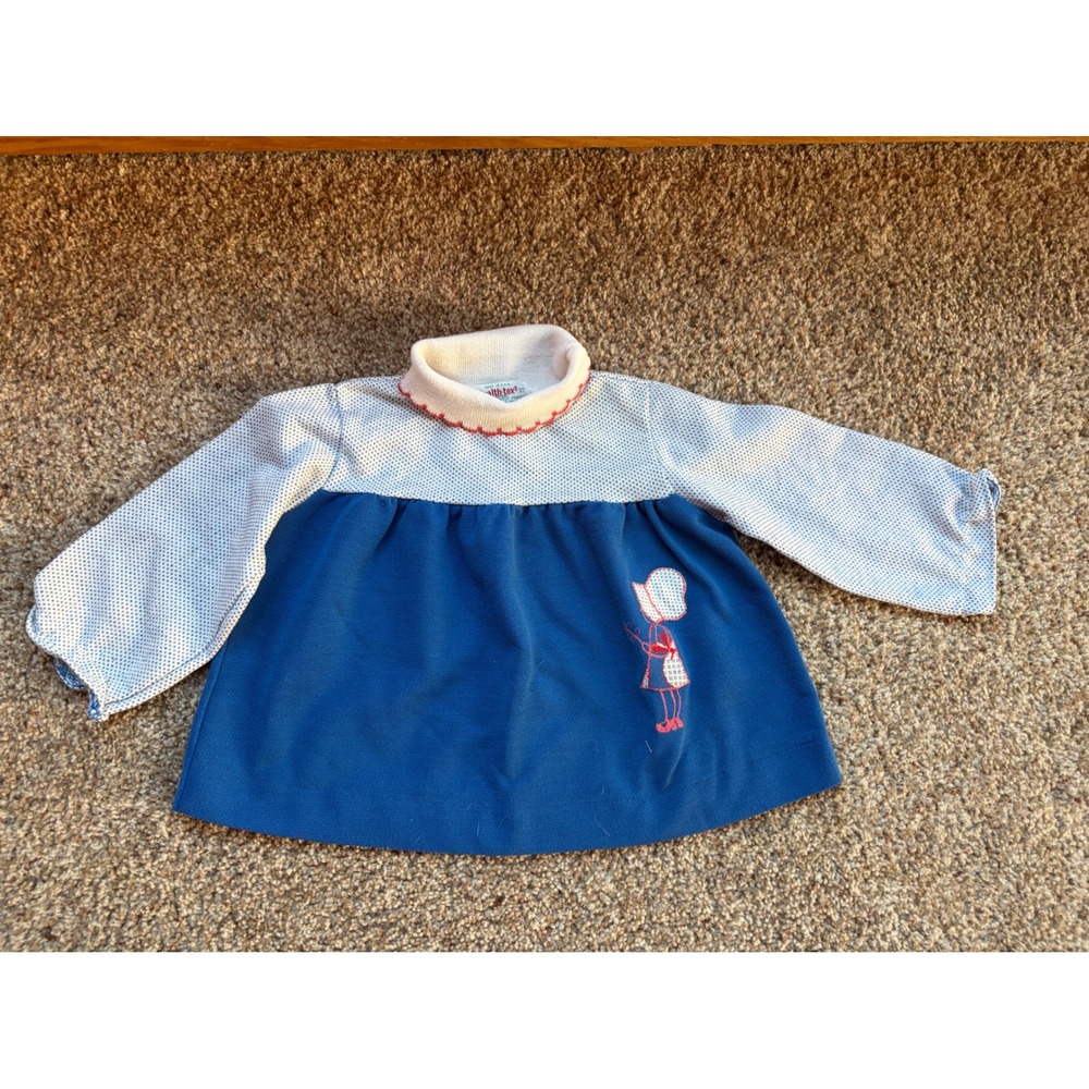 Vintage Health-tex Girls 3T Blue Polka Dot Scalloped Neck Embroidered Top USA